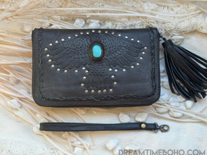 Hand Tooled Thunderbird Leather Purse Wallet with Turquoise Stone-Leather Wallet Purse-Dreamtime Boho-Black-Dreamtime Boho
