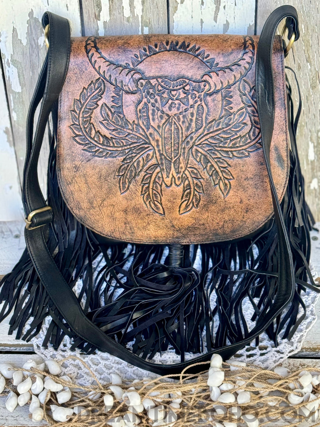 Hand Tooled Buffalo Vine Crossbody Leather Boho Bag Dreamtime Boho