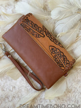 Load image into Gallery viewer, Tooled Leather Boho Wallet Purse Feather Antique Black