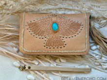 Load image into Gallery viewer, Hand Tooled Thunderbird Leather Purse Wallet with Turquoise Stone-Leather Wallet Purse-Dreamtime Boho-Beige-Dreamtime Boho