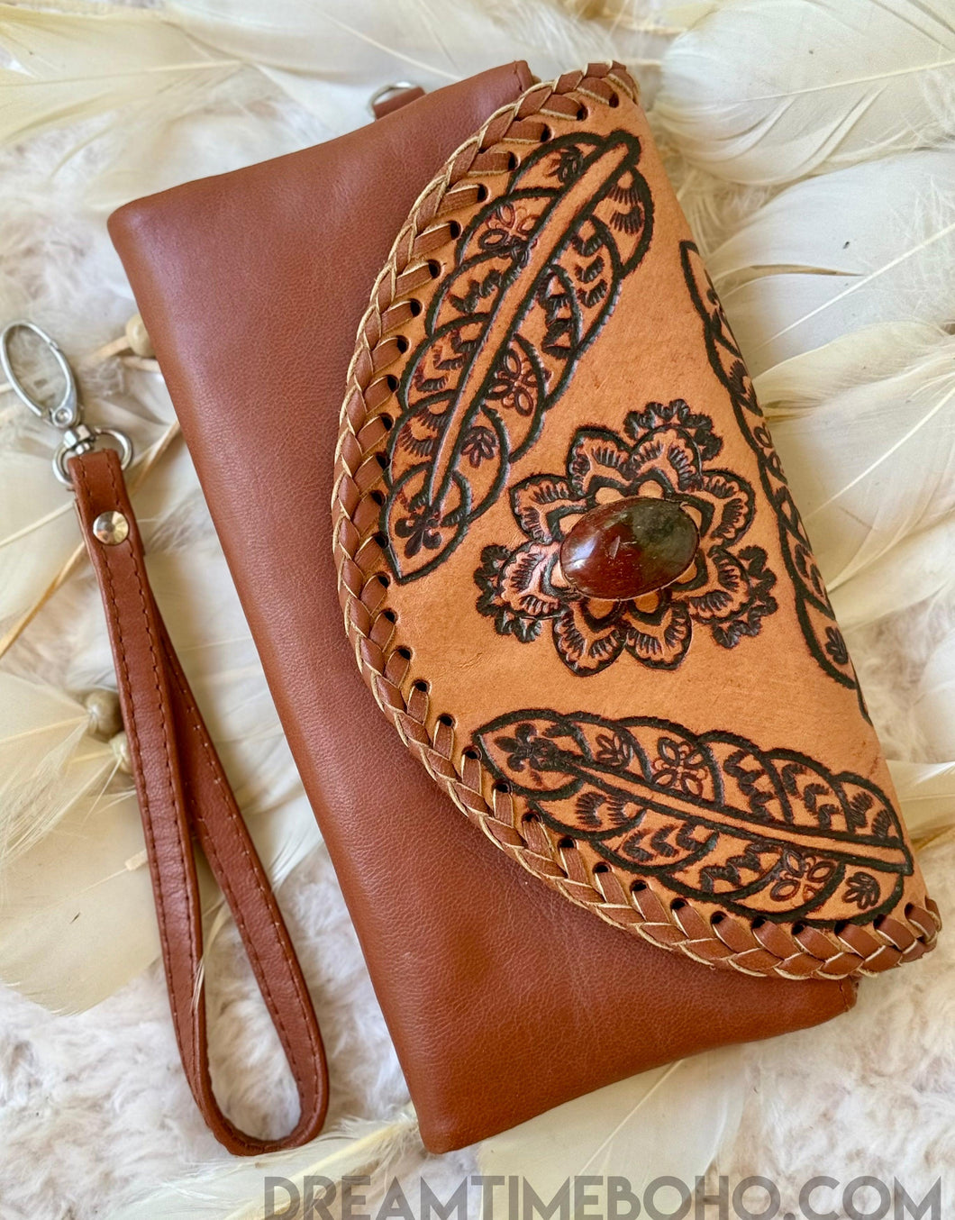 Tooled Leather Boho Wallet Purse Feather Antique Black