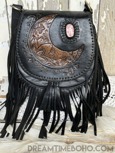 Hand Tooled Crystal Moon Leather Fringe Boho Bag-Leather Boho bag-Dreamtime Boho-Brown-Dreamtime Boho