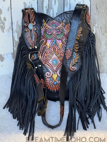 Boho Owl Magic Hand Tooled Leather Fringe Bag-Handbags, Wallets & Cases-Dreamtime Boho -Dreamtime Boho
