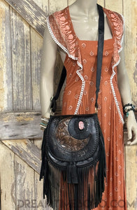 Hand Tooled Crystal Moon Leather Fringe Boho Bag-Leather Boho bag-Dreamtime Boho-Brown-Dreamtime Boho