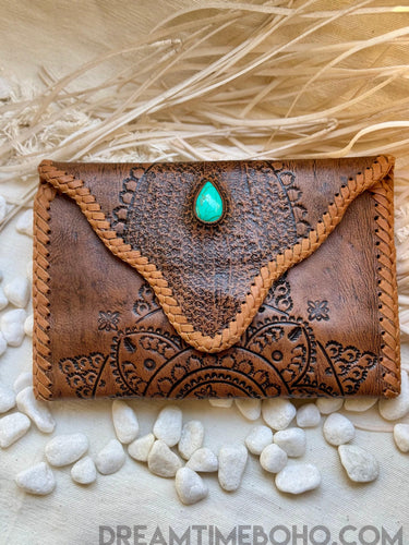 Turquoise Teardrop Mandala Hand Tooled Leather Wallet Purse-Apparel & Accessories-Dreamtime Boho -Dreamtime Boho