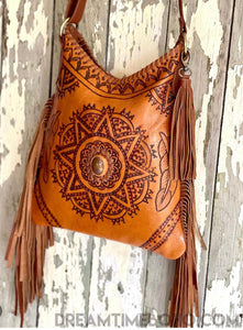 Mandala Feather Cross Body Leather Boho Bag-Apparel & Accessories-Dreamtime Boho-Brown-Dreamtime Boho