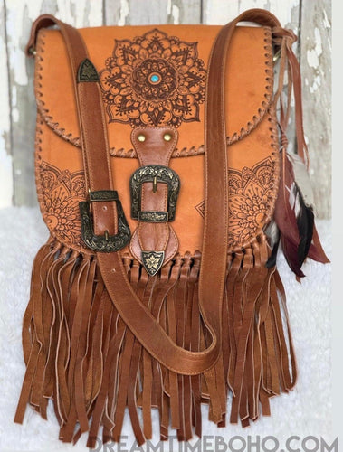 Mandala Leather Crossbody Leather Fringe Bag with Feathers-Handbags-Dreamtime Boho -Dreamtime Boho
