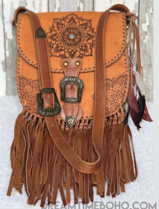 Mandala Leather Crossbody Leather Fringe Bag with Feathers-Handbags-Dreamtime Boho -Dreamtime Boho