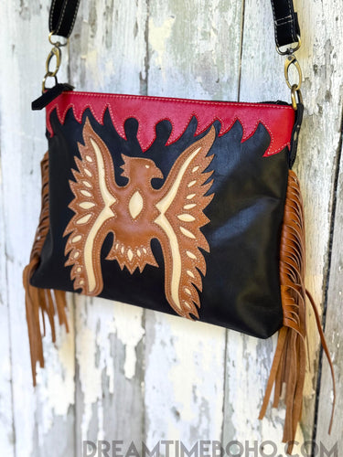 Phoenix Spirit Hand Tooled Leather Fringe Bohemian Bag-Handbags, Wallets & Cases-Dreamtime Boho -Black-Dreamtime Boho