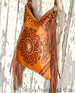 Mandala Feather Cross Body Leather Boho Bag-Apparel & Accessories-Dreamtime Boho-Black-Dreamtime Boho