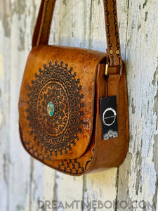 Mandala Vintage Crossbody Leather Boho Bag with Turquoise Stone-Crossbody Bag-Dreamtime Boho-Dreamtime Boho