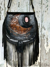 Load image into Gallery viewer, Hand Tooled Crystal Moon Leather Fringe Boho Bag-Leather Boho bag-Dreamtime Boho-Black-Dreamtime Boho