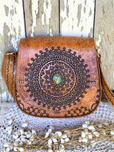 Load image into Gallery viewer, Mandala Vintage Crossbody Leather Boho Bag with Turquoise Stone-Crossbody Bag-Dreamtime Boho-Dreamtime Boho