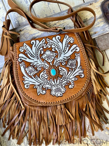 Crossbody Fringed Leather Boho Bag - Shaylee Hand Tooled-Boho Fringe Bag-Dreamtime Boho-Tan-Dreamtime Boho