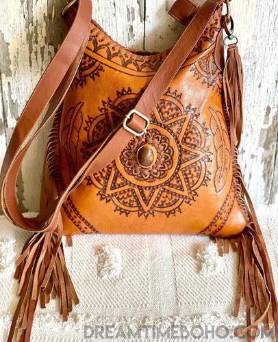 Mandala Feather Cross Body Leather Boho Bag-Apparel & Accessories-Dreamtime Boho-Black-Dreamtime Boho