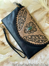 Load image into Gallery viewer, Tooled Leather Boho Wallet Purse Feather Antique Black