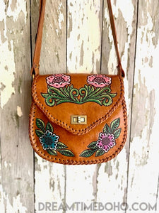 Hand Tooled Gypsy Flower Leather Cross body Boho Bag-Boho Leather Bag-Dreamtime Boho -Dreamtime Boho