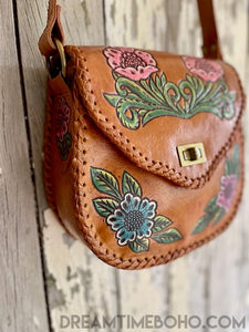 Hand Tooled Gypsy Flower Leather Cross body Boho Bag-Boho Leather Bag-Dreamtime Boho -Dreamtime Boho