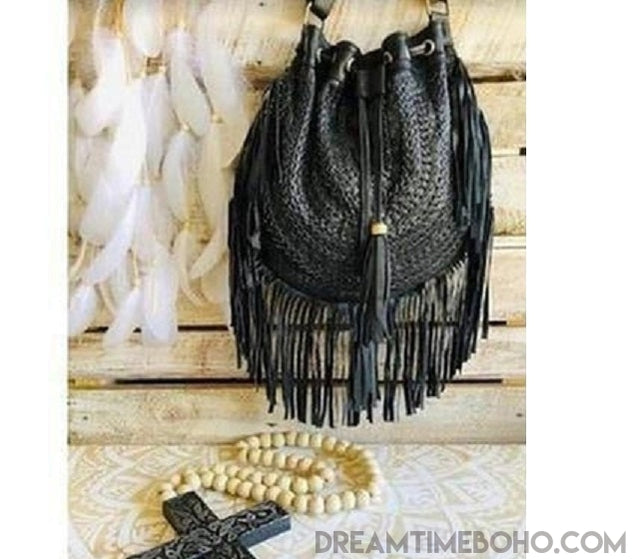 Gypsy Weave Leather Fringed Boho Bag-Fringed Boho Bag-Dreamtime Boho -Black-Dreamtime Boho