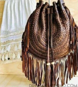 Gypsy Weave Leather Fringe Boho Bag Antique Brown-Boho Handbags-Dreamtime Boho-Antique Brown-Dreamtime Boho