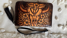 Load image into Gallery viewer, Genuine leather boho wallet featuring hand tooled buffalo skull and floral artwork. Western Leather Boho Wallet 