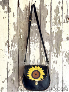 Hand Painted Sunflower Leather Crossbody Saddle Bag-Crossbody Bag-Dreamtime Boho -Dreamtime Boho
