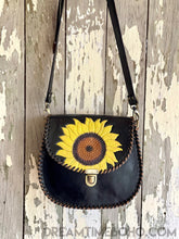Load image into Gallery viewer, Hand Painted Sunflower Leather Crossbody Saddle Bag-Crossbody Bag-Dreamtime Boho -Dreamtime Boho