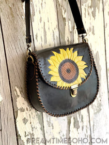 Hand Painted Sunflower Leather Crossbody Saddle Bag-Crossbody Bag-Dreamtime Boho -Dreamtime Boho