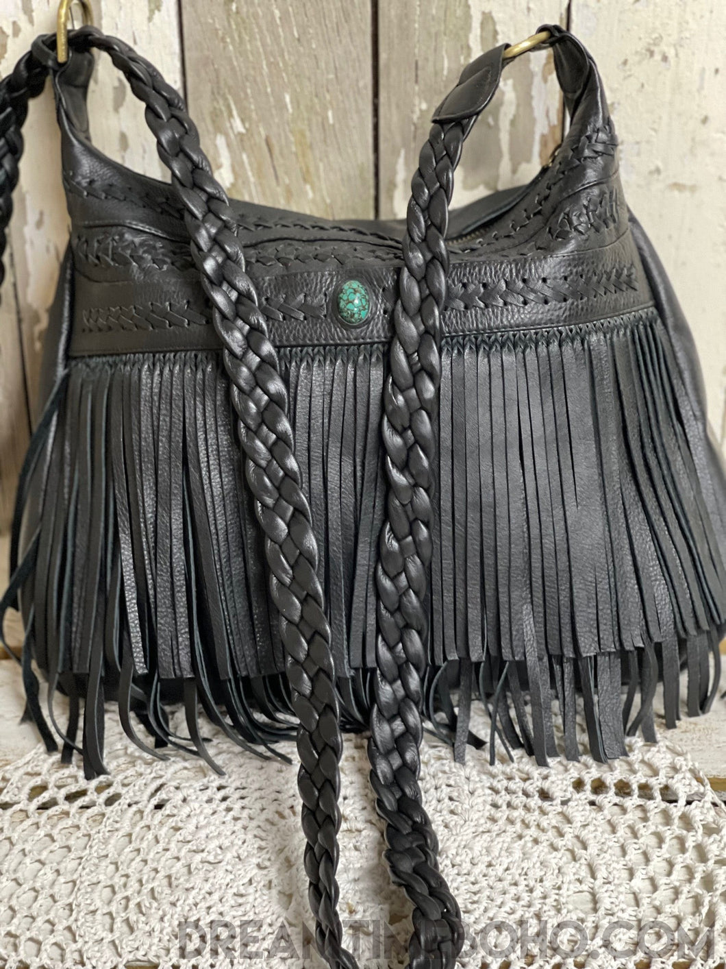 Leather Fringe Boho Bag Turquoise Gemstone Brooklyn-Boho Handbags-Dreamtime Boho-Black-Dreamtime Boho