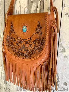 Hand Tooled Cresent Moon Leather Fringed Boho Bag-Boho Fringe Bag-Dreamtime Boho -Dreamtime Boho
