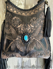 Load image into Gallery viewer, Hand Tooled Dragonfly Leather Crossbody Boho Bag-Crossbody Bag-Dreamtime Boho -Dreamtime Boho