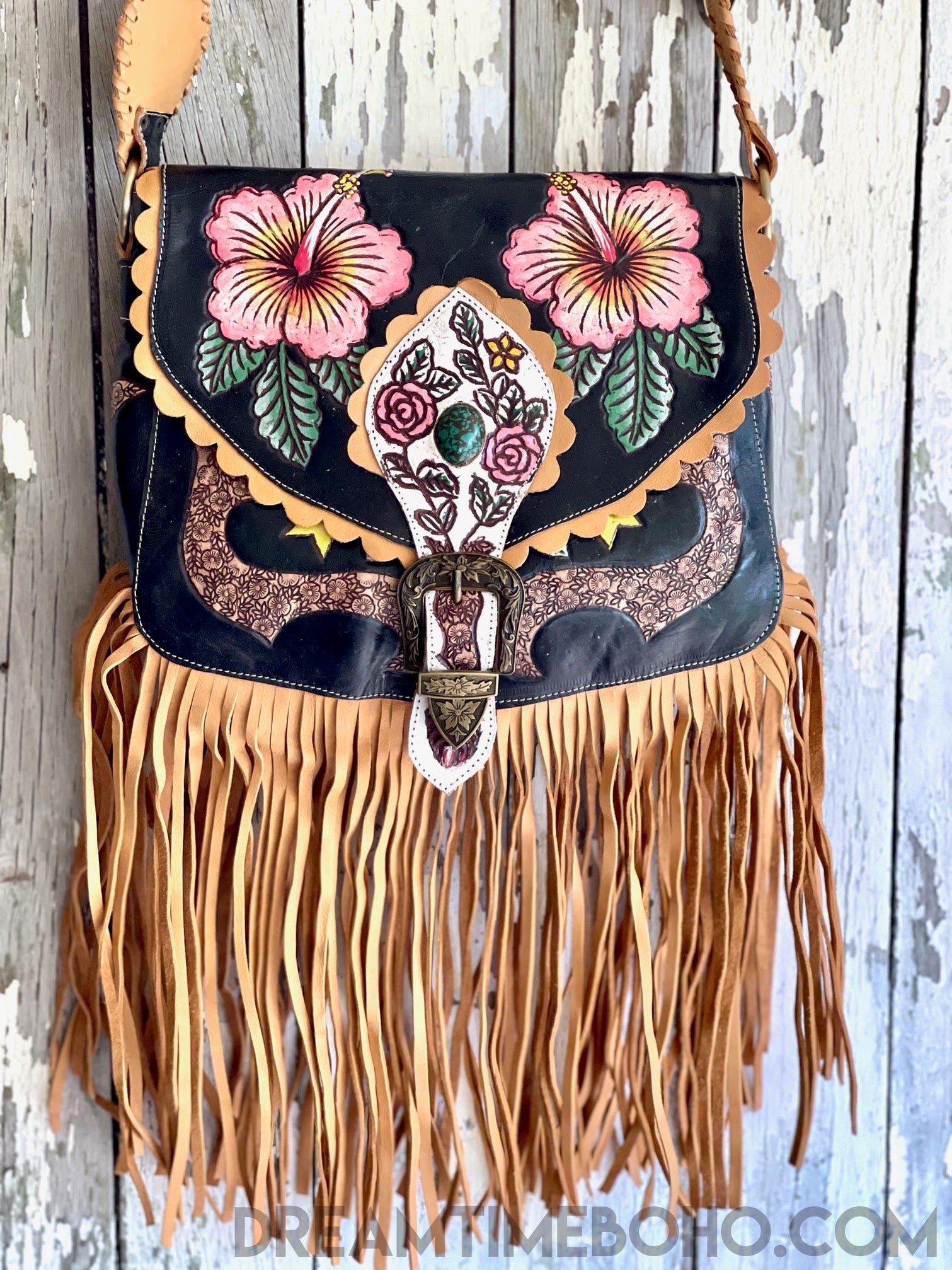 Hand Painted Hibiscus Dream Fringe Leather Bag Dreamtime Boho