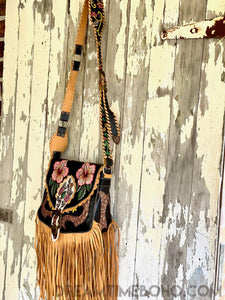 Hand Painted Hibiscus Dream Fringe Leather Bohemian Bag-Crossbody Bag-Dreamtime Boho -Dreamtime Boho