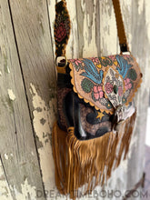Load image into Gallery viewer, Hand Painted Black Love Story Fringed Leather Boho Bag-Boho Fringe Bag-Dreamtime Boho -Dreamtime Boho