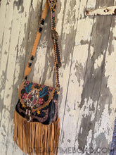 Load image into Gallery viewer, Hand Painted Black Love Story Fringed Leather Boho Bag-Boho Fringe Bag-Dreamtime Boho -Dreamtime Boho