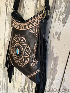 Hand Tooled Mandala Feather Cross Body Leather Boho Bag-Apparel & Accessories-Dreamtime Boho -Black-Dreamtime Boho
