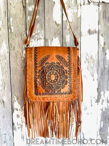 Hand Tooled Mandala Leather Fringed Boho Bag-Leather Crossbody Bag-Dreamtime Boho -Dreamtime Boho