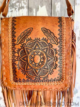 Load image into Gallery viewer, Hand Tooled Mandala Leather Fringed Boho Bag-Leather Crossbody Bag-Dreamtime Boho -Dreamtime Boho