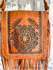 Hand Tooled Mandala Leather Fringed Boho Bag-Leather Crossbody Bag-Dreamtime Boho -Dreamtime Boho