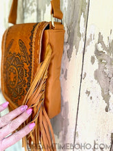 Load image into Gallery viewer, Hand Tooled Mandala Leather Fringed Boho Bag-Leather Crossbody Bag-Dreamtime Boho -Dreamtime Boho