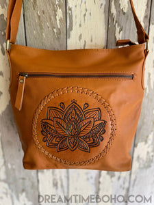 Hand Tooled Mandala Lotus Leather Crossbody Handbag-Leather Handbag-Dreamtime Boho-Dreamtime Boho