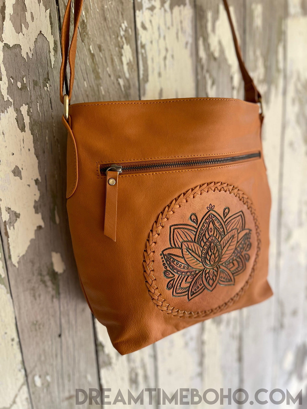 Mandala Sunflower - Choice of Fern or Feather Bag Charm - Tooled Leather Handag - Lotus Leather