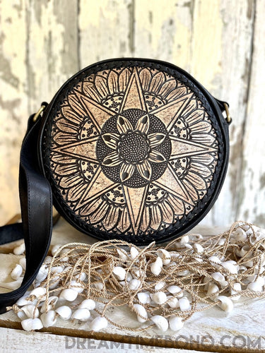 Hand Tooled Round Leather Mandala Star Boho Bag-Handbags-Dreamtime Boho -Black-Dreamtime Boho