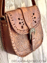 Load image into Gallery viewer, Hand Tooled Rustic Rose Leather Crossbody Saddle Bag-Crossbody Bag-Dreamtime Boho -Antique Brown-Dreamtime Boho