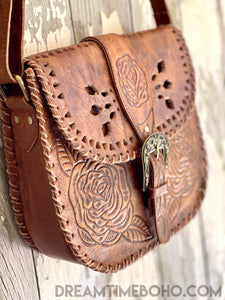 Hand Tooled Rustic Rose Leather Crossbody Saddle Bag-Crossbody Bag-Dreamtime Boho -Antique Brown-Dreamtime Boho