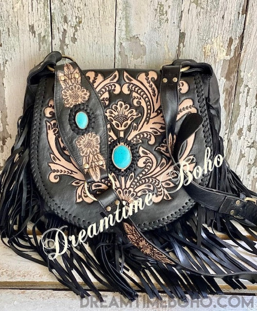 Shaylee Hand Carved Fringe Leather Boho Bag-Handbags, Wallets & Cases-Dreamtime Boho-Black Stone-Dreamtime Boho