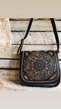 Load image into Gallery viewer, Hand tooled mandala leather crossbody bag in genuine leather with adjustable strap and boho artisan design by Dreamtime Boho