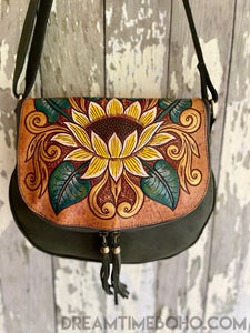 Hand Painted Lotus Flower Suede Leather Bag-Crossbody Bag-Dreamtime Boho -Dreamtime Boho
