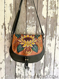 Hand Painted Lotus Flower Suede Leather Bag-Crossbody Bag-Dreamtime Boho -Dreamtime Boho
