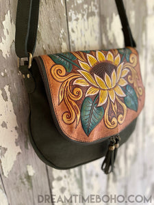 Hand Painted Lotus Flower Suede Leather Bag-Crossbody Bag-Dreamtime Boho -Dreamtime Boho